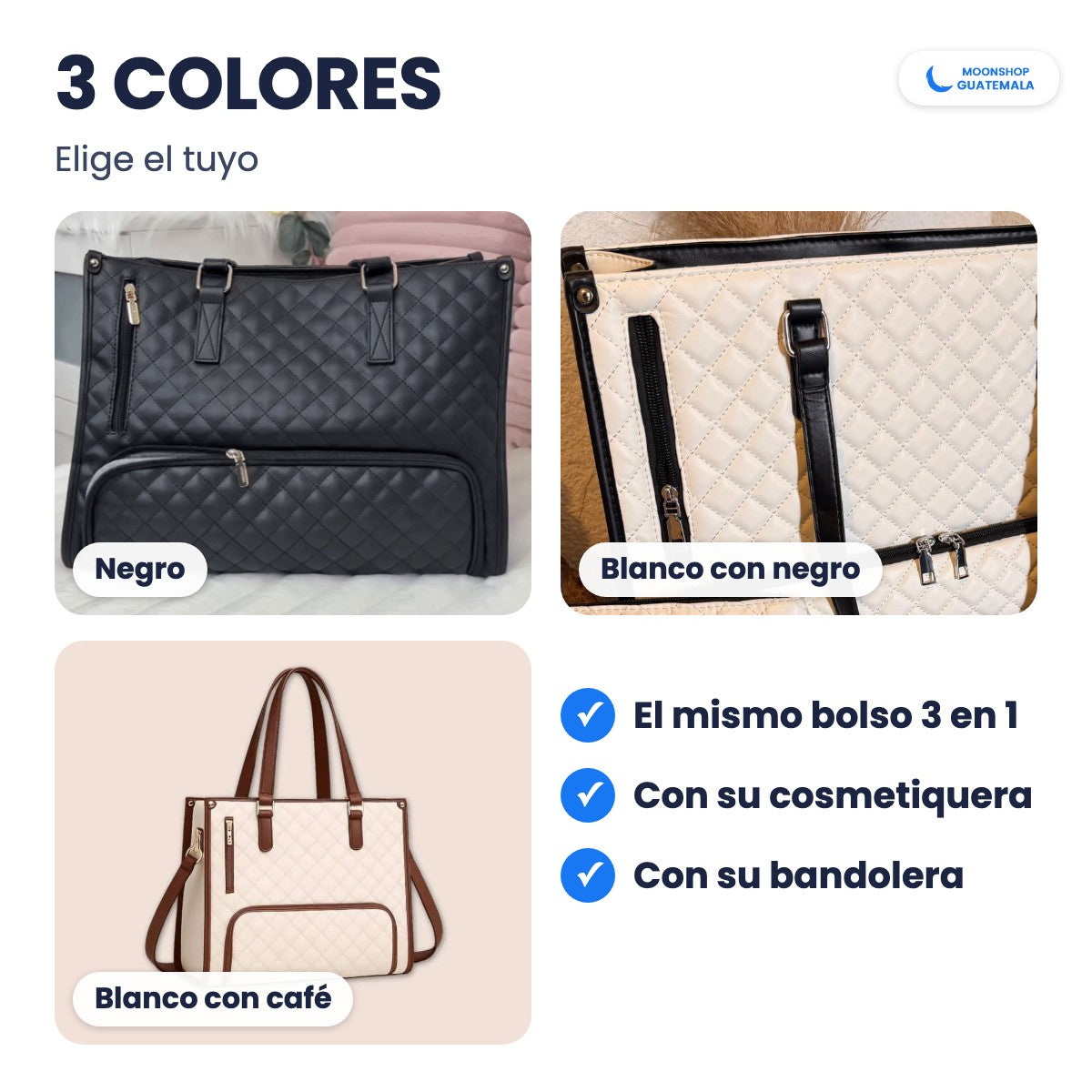 Bolso con compartimento para comida en 3 colores: negro, blanco con negro y blanco con café