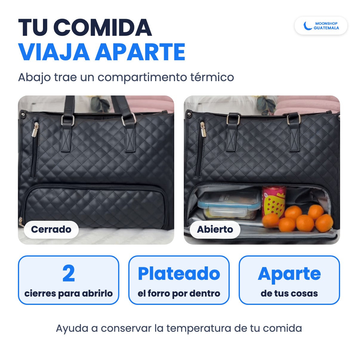 Compartimento térmico para comida del bolso negro, cerrado y abierto con un táper, una lata y fruta