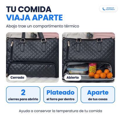 Compartimento térmico para comida del bolso negro, cerrado y abierto con un táper, una lata y fruta