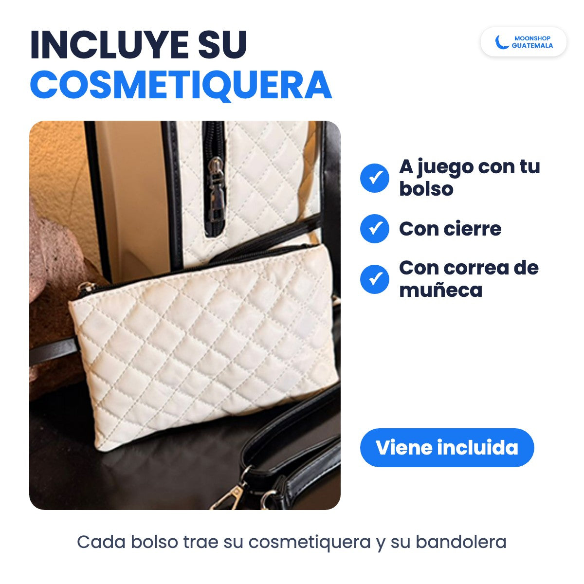 Cosmetiquera acolchada a juego con el bolso, con cierre y correa de muñeca; viene incluida