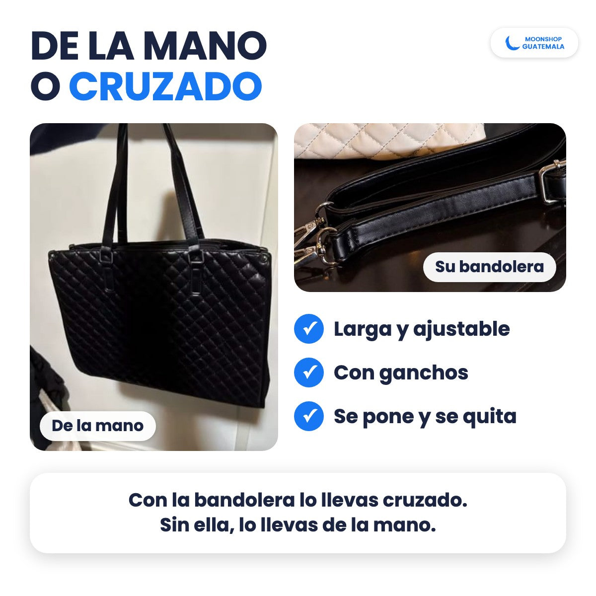 Bolso cartera negro de la mano o cruzado, con bandolera larga y ajustable con ganchos