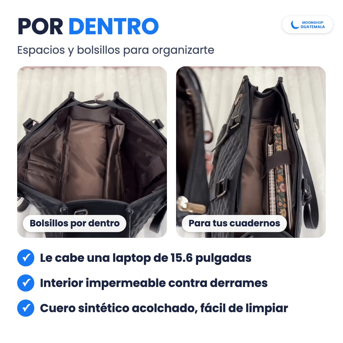 Bolso cartera por dentro: bolsillos y espacio para cuadernos; le cabe una laptop de 15.6 pulgadas