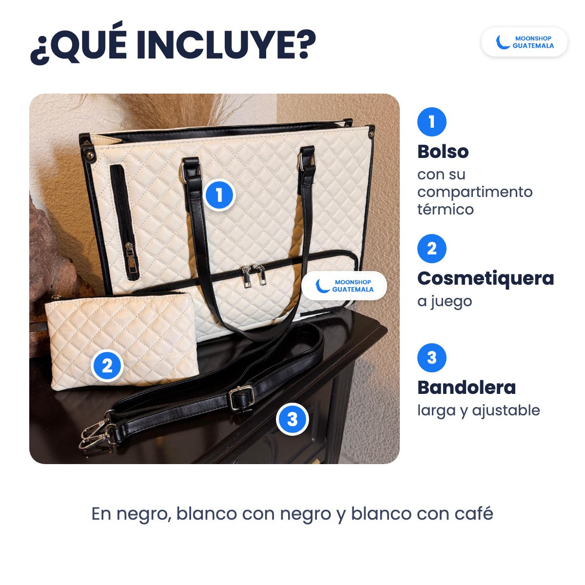 Qué incluye: bolso con compartimento térmico para comida, cosmetiquera a juego y bandolera ajustable