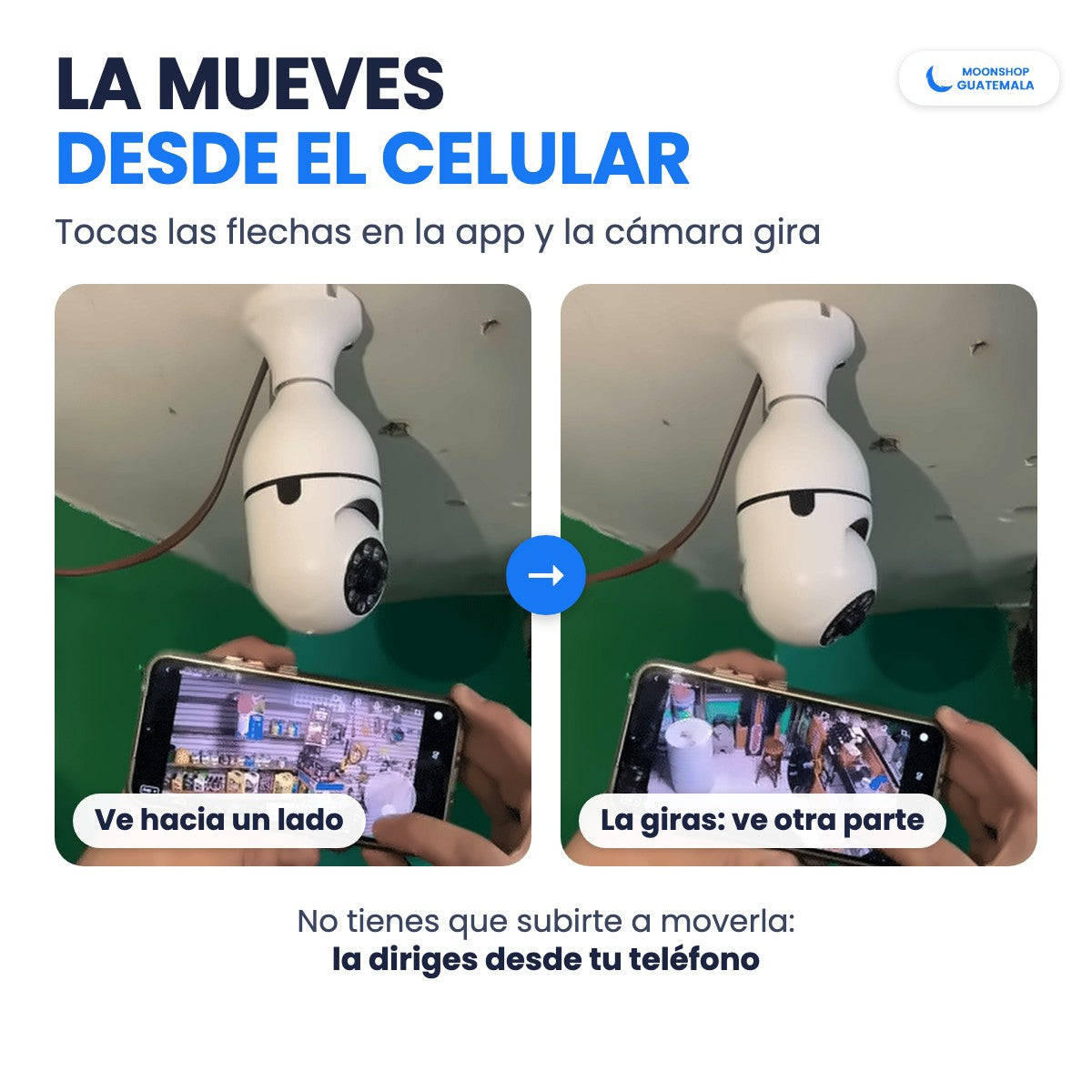 Cámara tipo foco girando para ver hacia otro lado mientras la mueven desde la app del celular