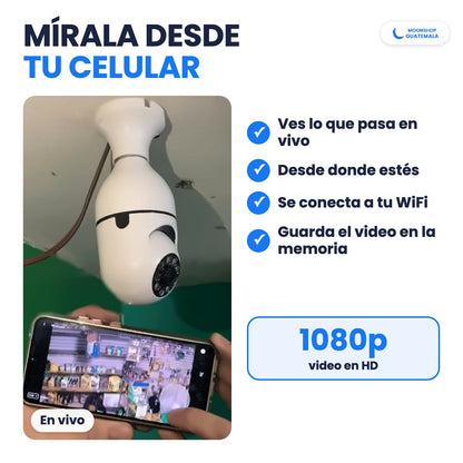 Cámara de seguridad tipo foco puesta en el techo y su imagen en vivo en un celular, con video en 1080p HD