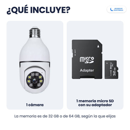 Qué incluye la cámara de seguridad tipo foco: 1 cámara y 1 memoria micro SD con su adaptador