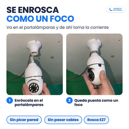 Cámara de seguridad tipo foco enroscándose en un portalámparas del techo: se instala como un foco, sin picar pared ni pasar cables