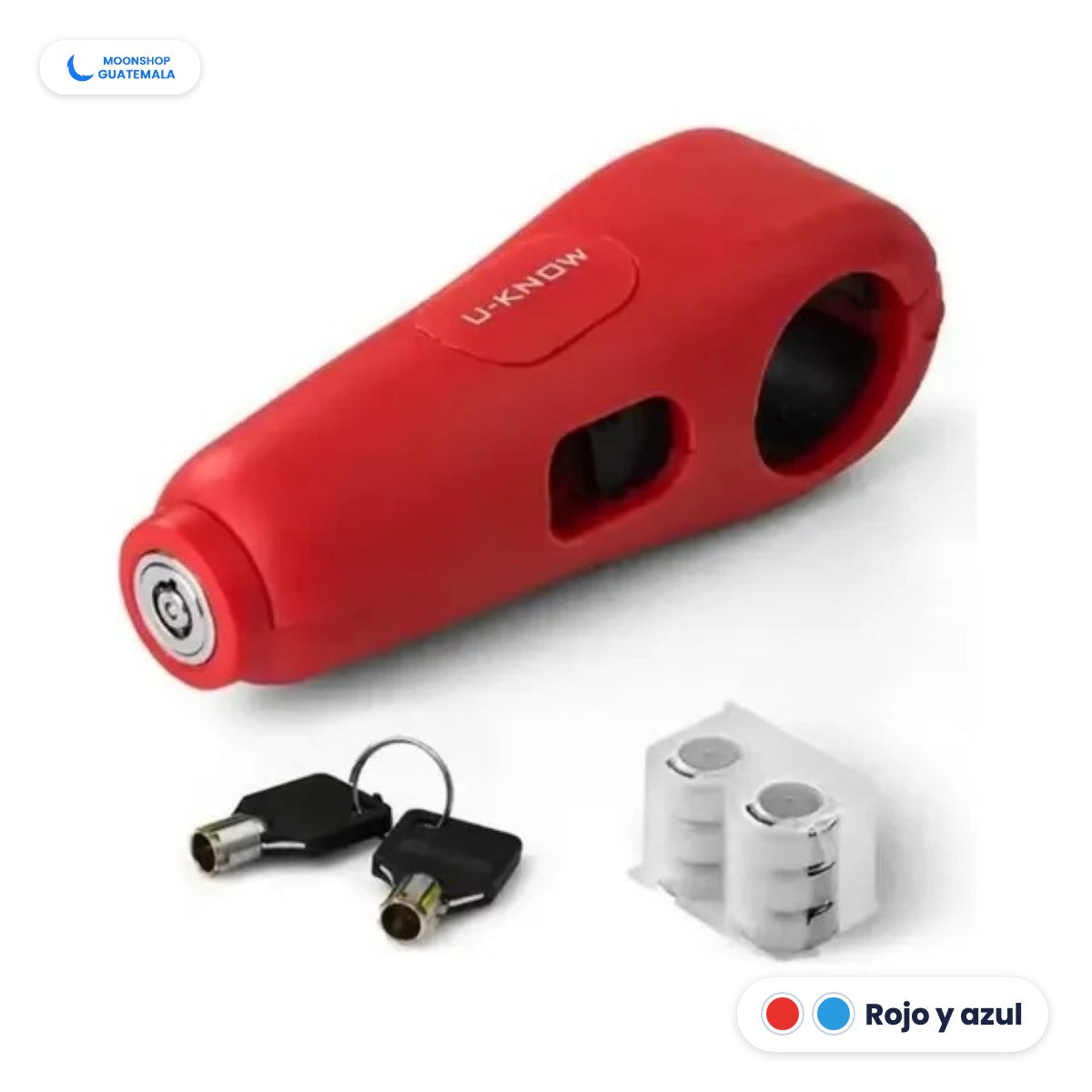 Candado con alarma para moto color rojo con sus 2 llaves y su batería, de Moon Shop Guatemala