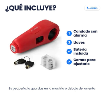 Qué incluye el candado con alarma para moto: el candado, 2 llaves, batería y gomas para ajustarlo