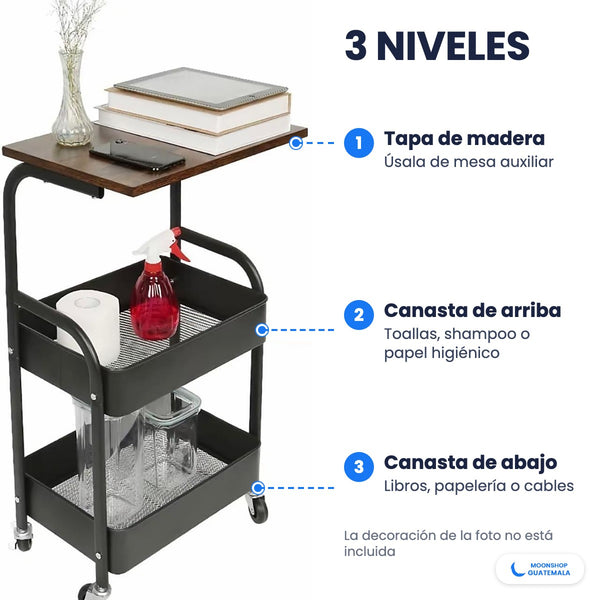 Los 3 niveles del carrito organizador: tapa de madera arriba y dos canastas de metal abajo