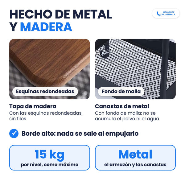 Detalles del carrito organizador: tapa de madera con esquinas redondeadas y canastas de metal con fondo de malla