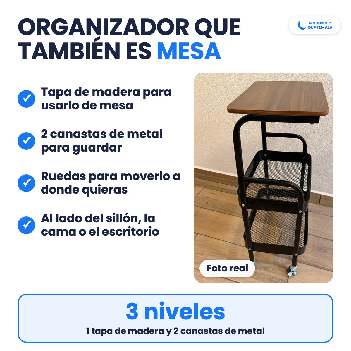Carrito organizador negro con tapa de madera, foto real de lado: organizador de 3 niveles que también es mesa