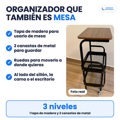 Carrito organizador negro con tapa de madera, foto real de lado: organizador de 3 niveles que también es mesa