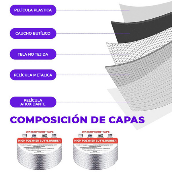 Cinta adhesiva impermeable sellando una fuga de agua en una superficie