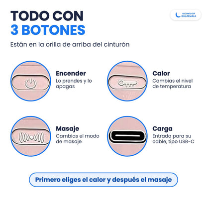 Botones del cinturón térmico para encender, calor y masaje, y su entrada de carga USB-C