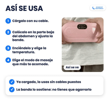 Cómo se usa el cinturón térmico: cárgalo, colócalo en la parte baja del abdomen, elige la temperatura y el masaje