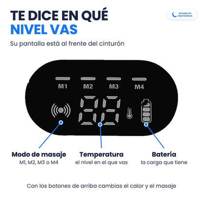 Pantalla del cinturón térmico: modo de masaje M1 a M4, nivel de temperatura y batería