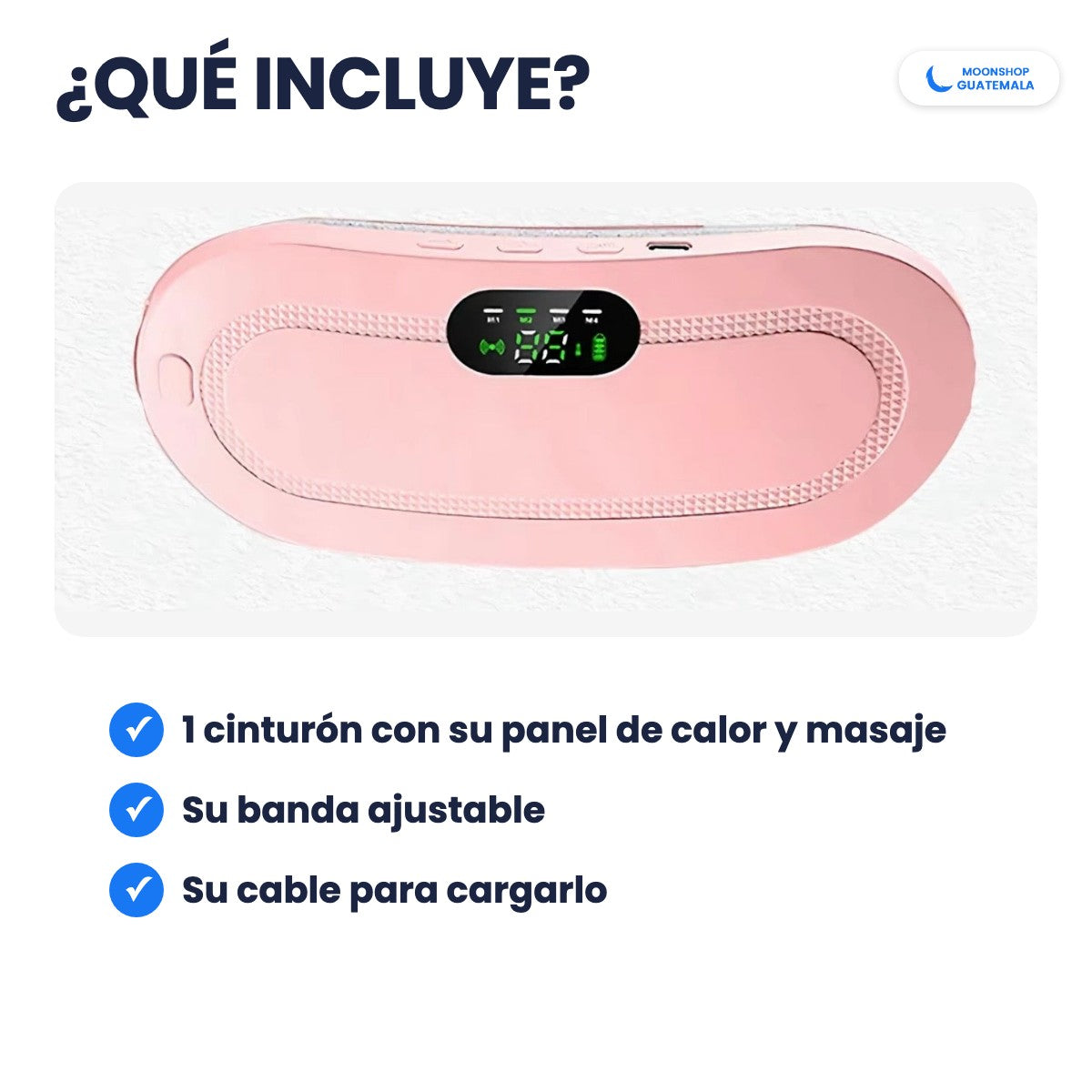 Qué incluye el cinturón térmico: el cinturón con su panel, la banda ajustable y el cable para cargarlo