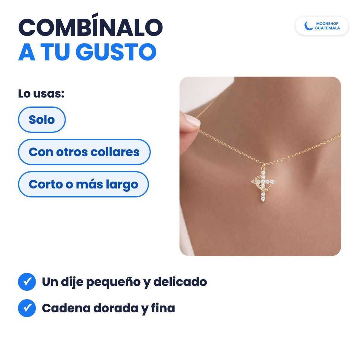 Collar de cruz y corona puesto: lo usas solo, con otros collares, corto o más largo