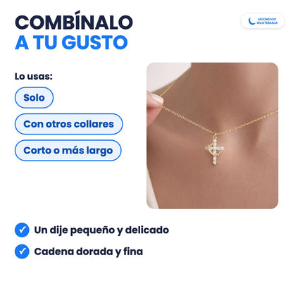 Collar de cruz y corona puesto: lo usas solo, con otros collares, corto o más largo