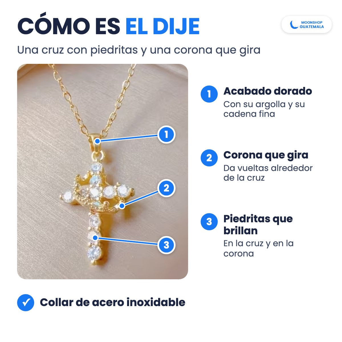 Cómo es el dije del collar de cruz y corona: acabado dorado, corona que gira alrededor de la cruz y piedritas que brillan