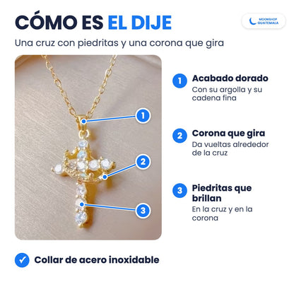 Cómo es el dije del collar de cruz y corona: acabado dorado, corona que gira alrededor de la cruz y piedritas que brillan