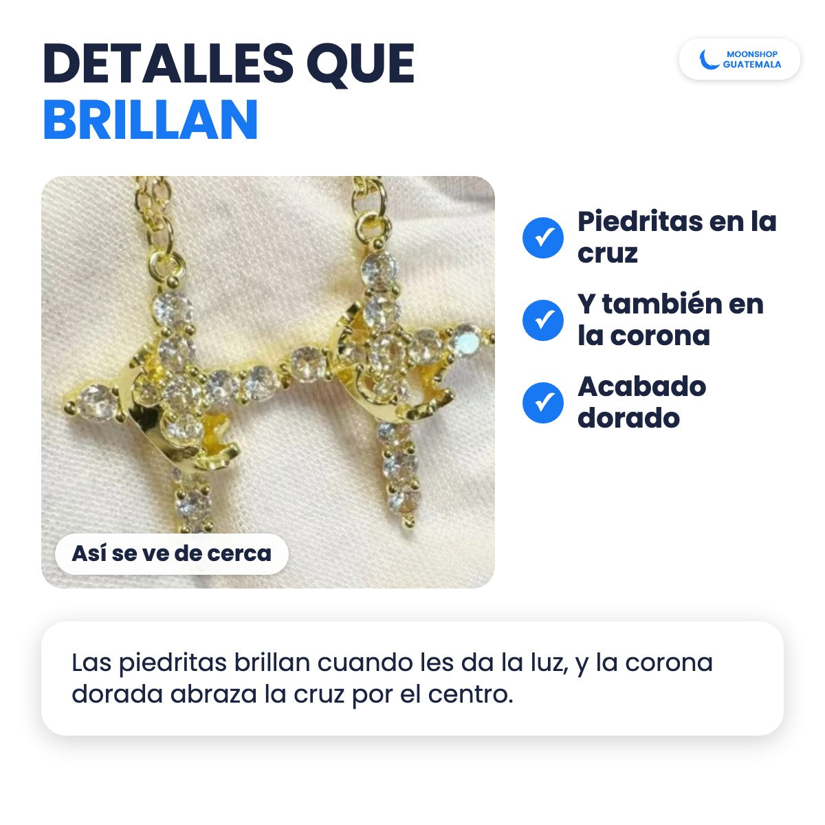 Collar de cruz y corona de cerca: piedritas en la cruz y en la corona, con acabado dorado
