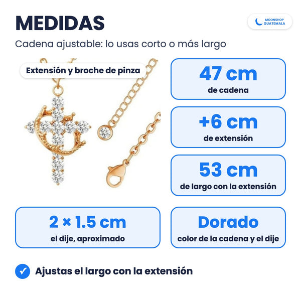 Medidas del collar de cruz y corona: cadena de 47 cm con extensión de 6 cm, hasta 53 cm, dije de unos 2 x 1.5 cm y broche de pinza