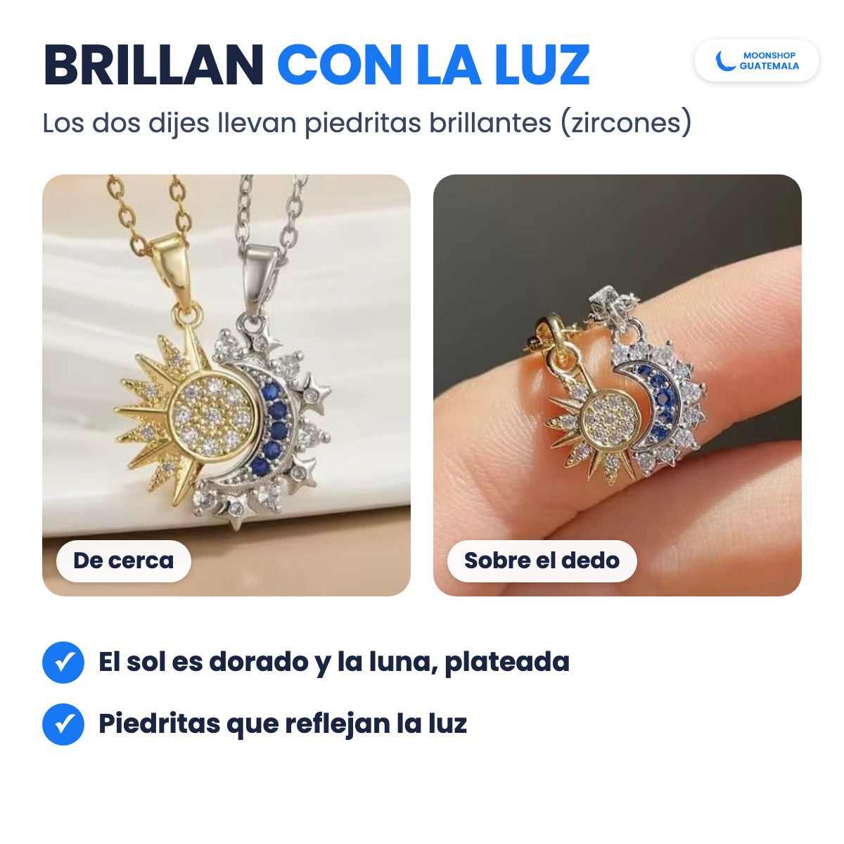 Los dijes del Collar ECLIPSE de cerca y sobre el dedo: sol dorado y luna plateada con piedritas brillantes