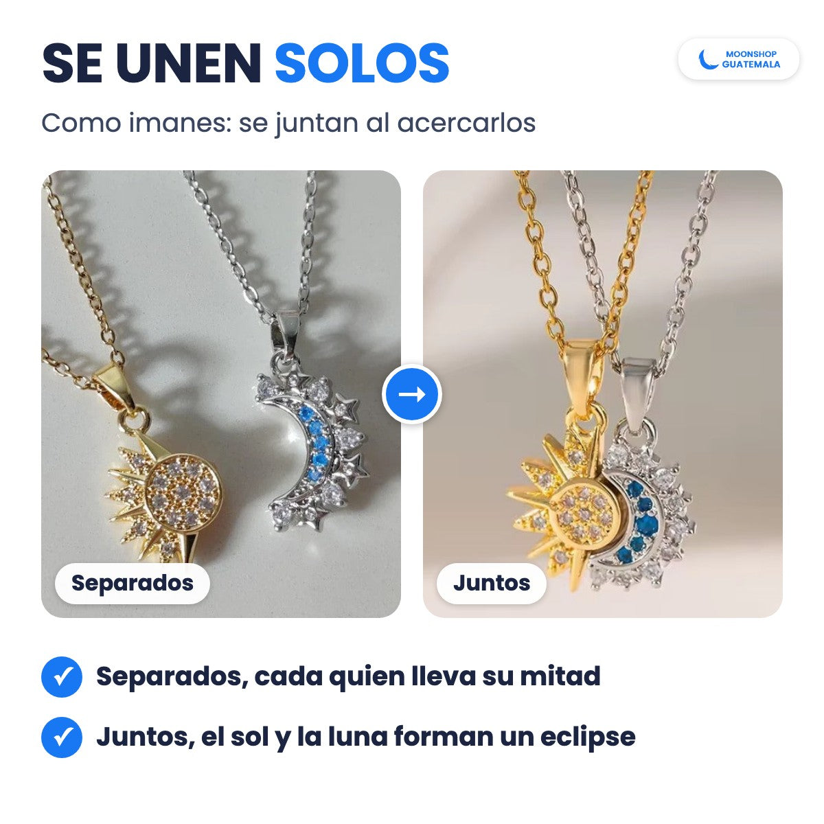 Los dos collares del ECLIPSE separados y después juntos: al acercarlos, el sol y la luna se unen como imanes y forman un eclipse