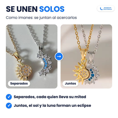 Los dos collares del ECLIPSE separados y después juntos: al acercarlos, el sol y la luna se unen como imanes y forman un eclipse