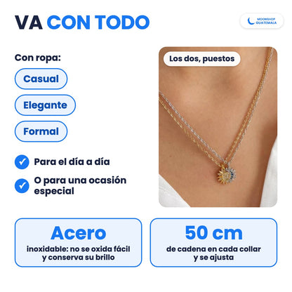 Los dos collares ECLIPSE puestos con camisa blanca: van con ropa casual, elegante o formal; acero inoxidable y cadena de 50 cm que se ajusta