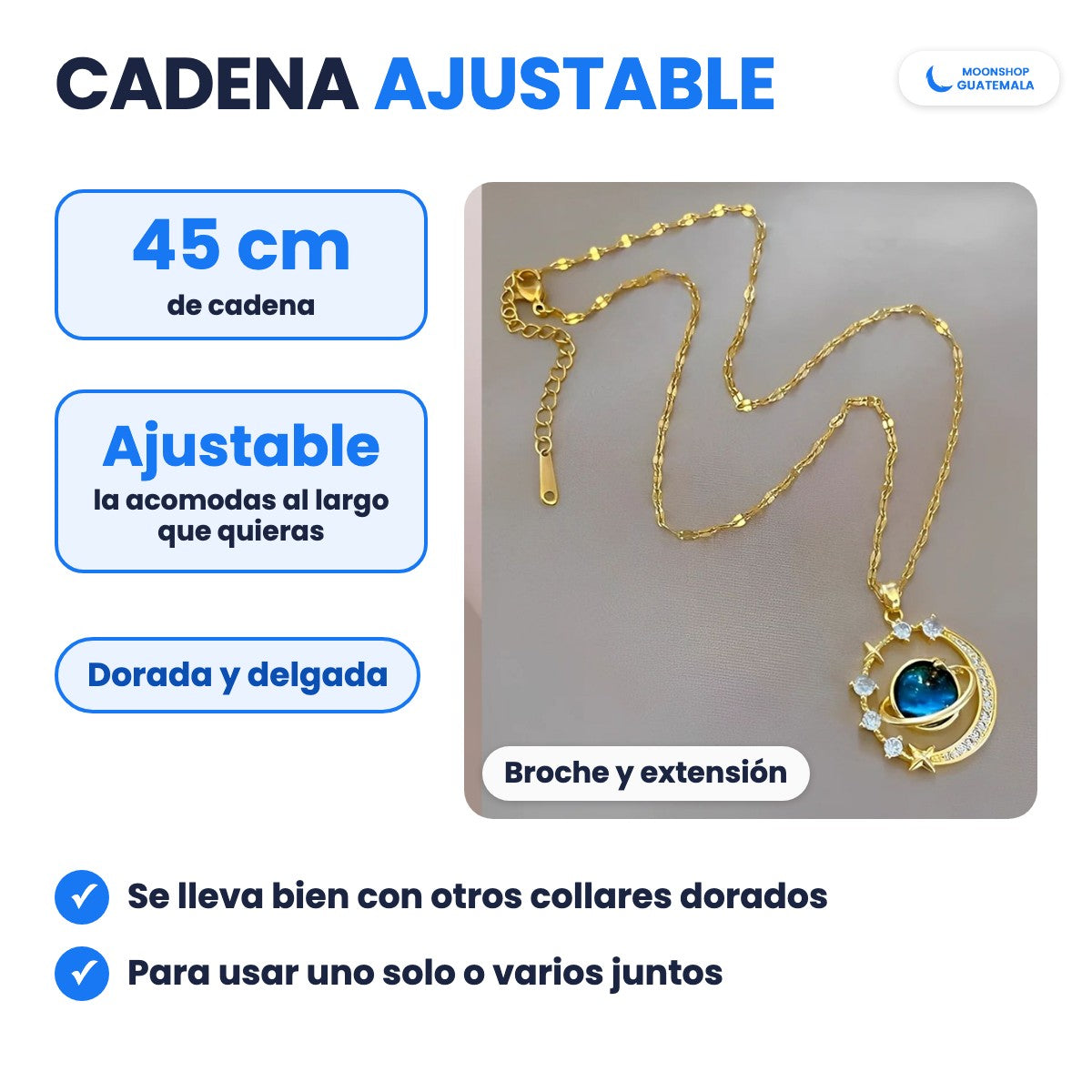 Cadena del Collar Saturno: 45 cm, ajustable, dorada y delgada, con broche y extensión