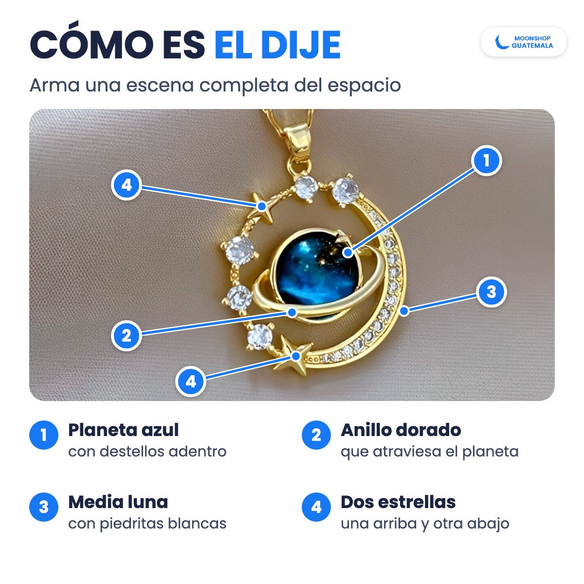 Cómo es el dije del Collar Saturno: planeta azul con destellos, anillo dorado, media luna con piedritas blancas y dos estrellas