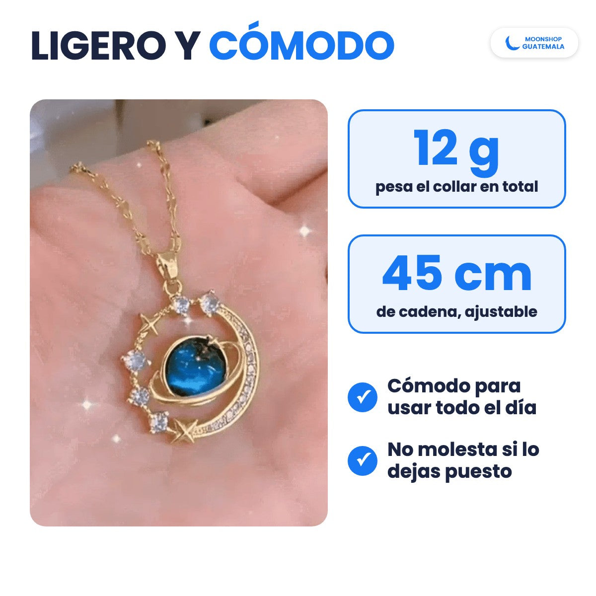Collar Saturno en la palma de la mano: pesa 12 gramos y es cómodo para usar todo el día