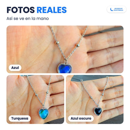 Fotos reales del Collar de los Sentimientos en la mano, con el corazón en azul, turquesa y azul oscuro