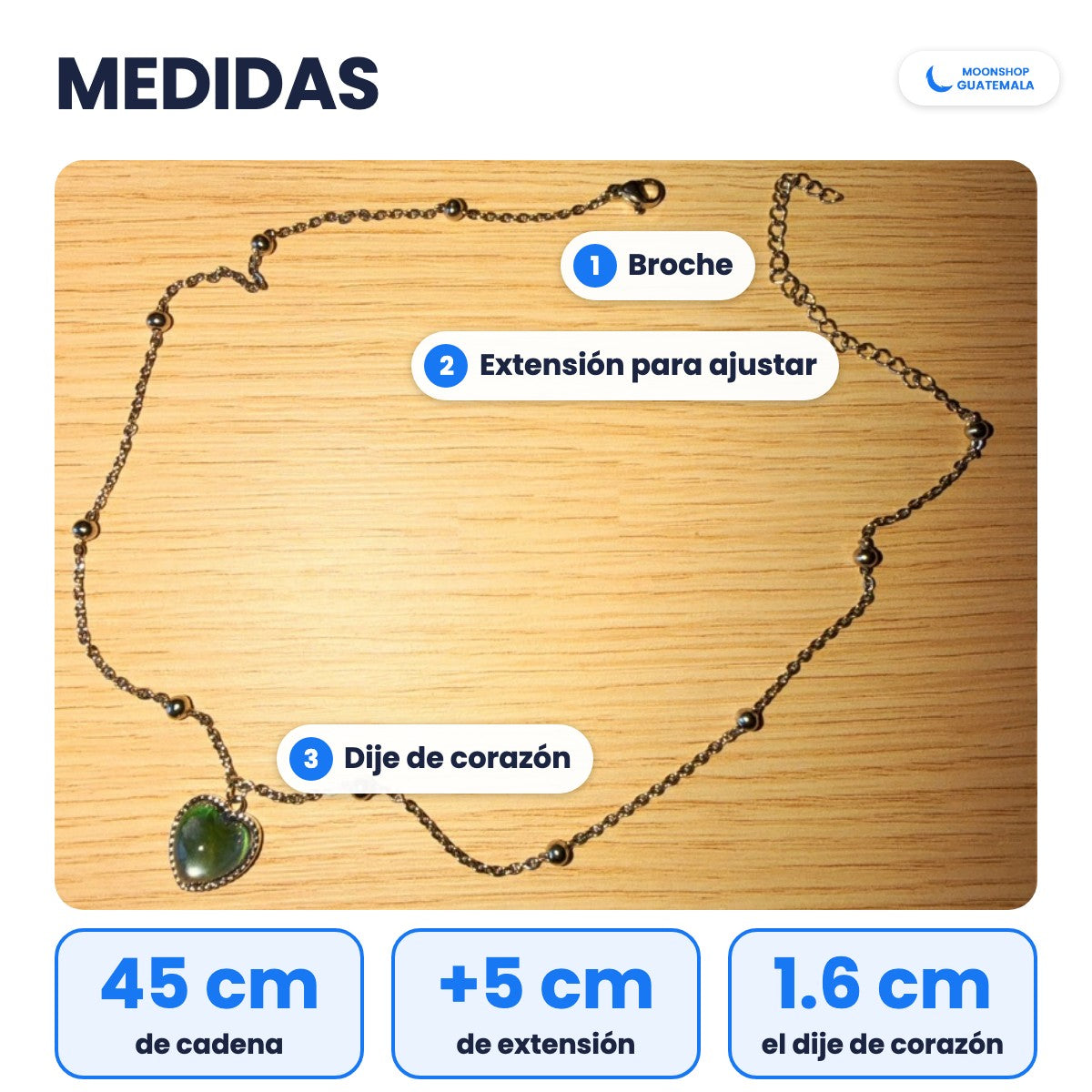 Medidas del Collar de los Sentimientos: cadena de 45 cm, 5 cm de extensión para ajustar y dije de corazón de 1.6 cm