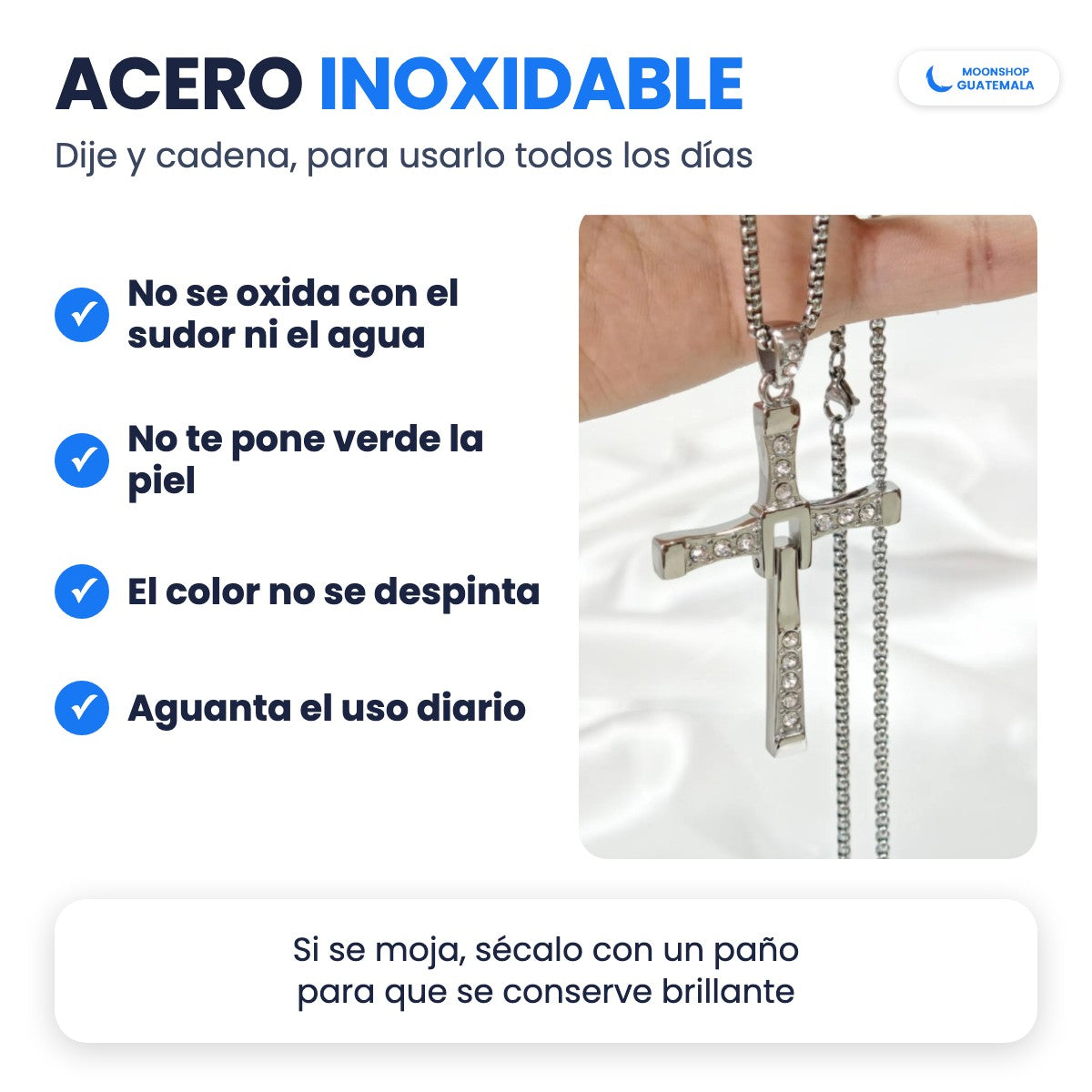 Collar Cruz de Toretto de acero inoxidable colgando de la mano: no se oxida con el sudor ni el agua y no pone verde la piel