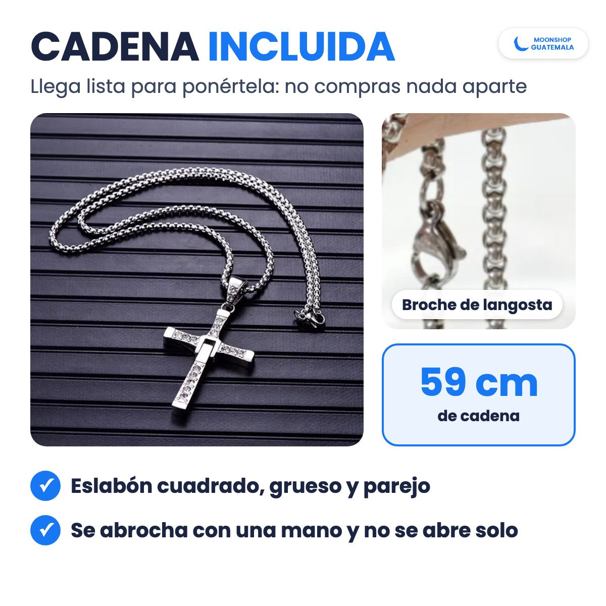 Collar Cruz de Toretto con su cadena incluida de 59 cm, de eslabón cuadrado y con broche de langosta