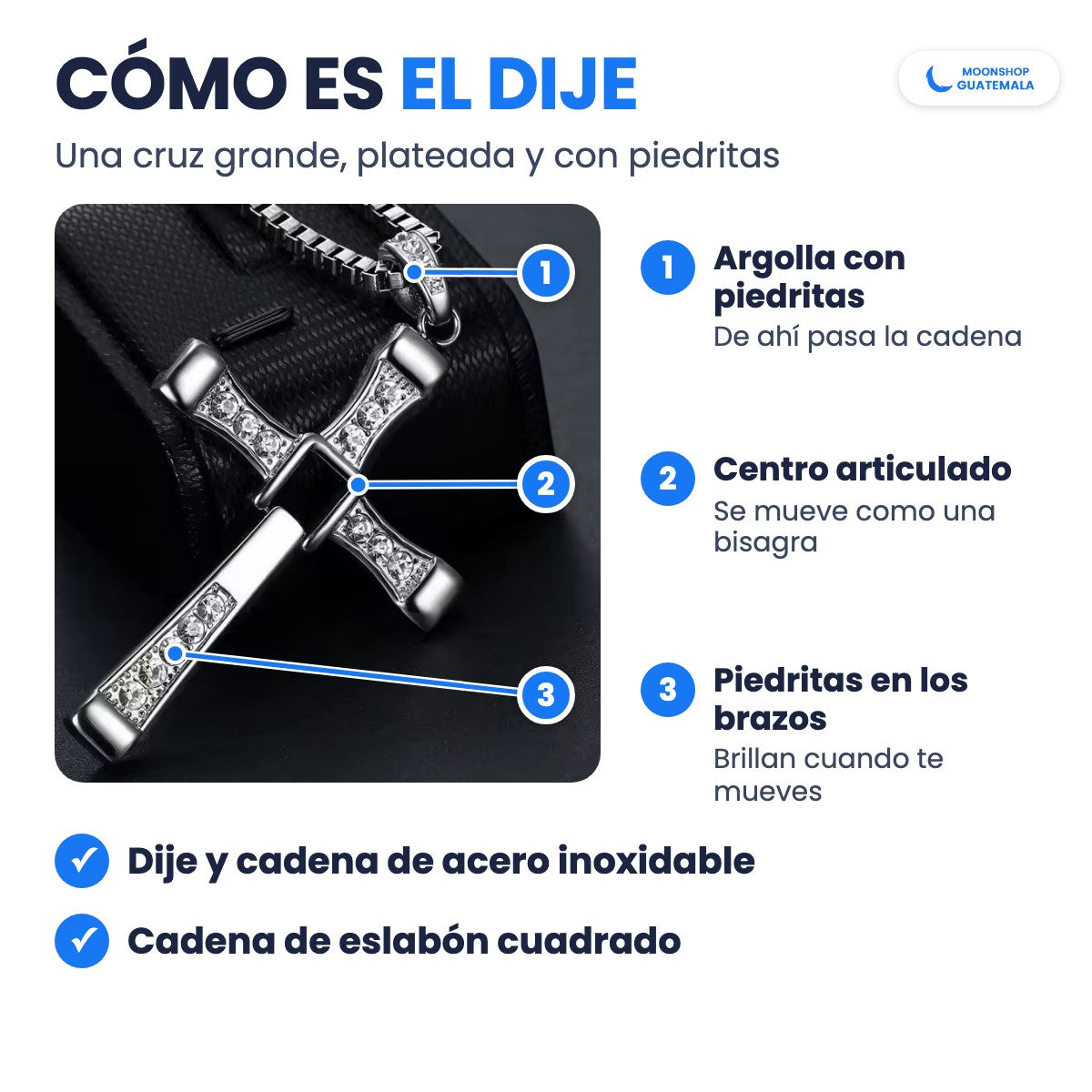 Cómo es el dije del Collar Cruz de Toretto: argolla con piedritas, centro articulado y piedritas en los brazos