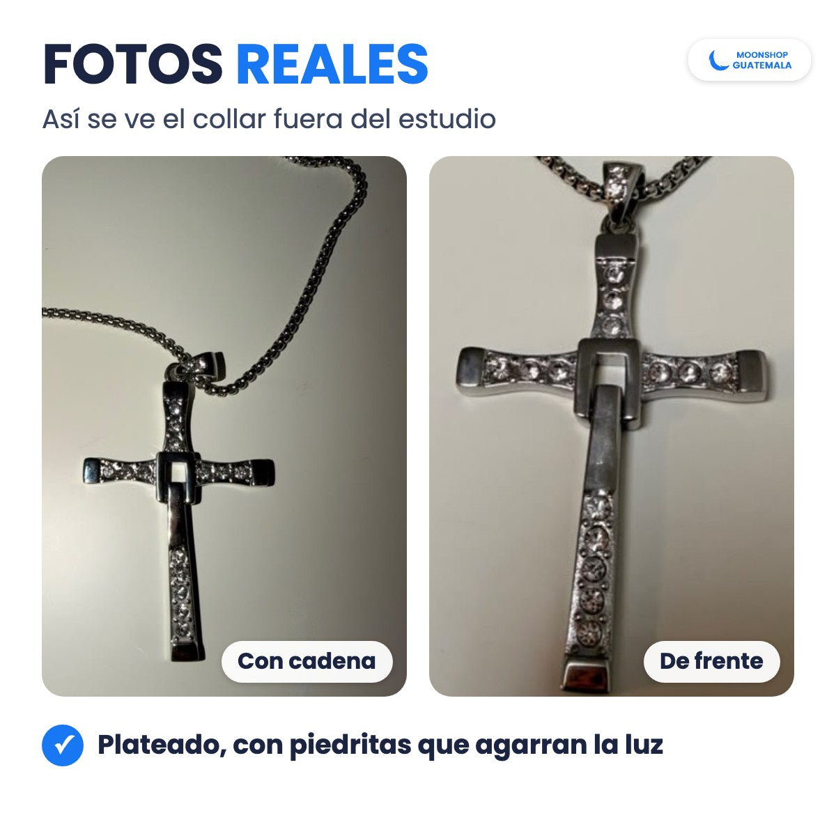 Fotos reales del Collar Cruz de Toretto: cruz plateada con piedritas, con su cadena y de frente