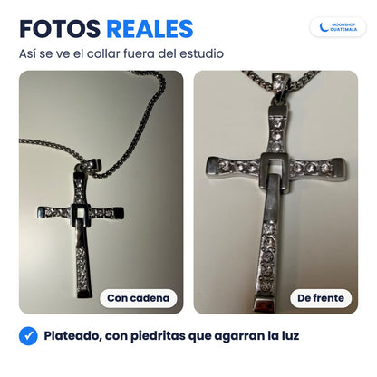 Fotos reales del Collar Cruz de Toretto: cruz plateada con piedritas, con su cadena y de frente