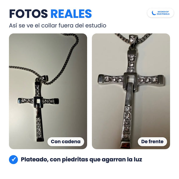 Fotos reales del Collar Cruz de Toretto: cruz plateada con piedritas, con su cadena y de frente