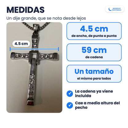 Medidas del Collar Cruz de Toretto: dije de 4.5 cm de ancho y cadena de 59 cm, un solo tamaño