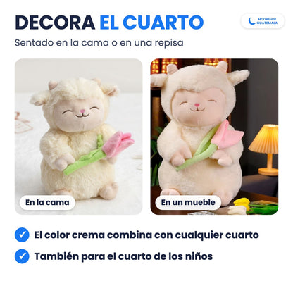Corderito con Tulipán para decorar el cuarto, sentado en la cama o sobre un mueble
