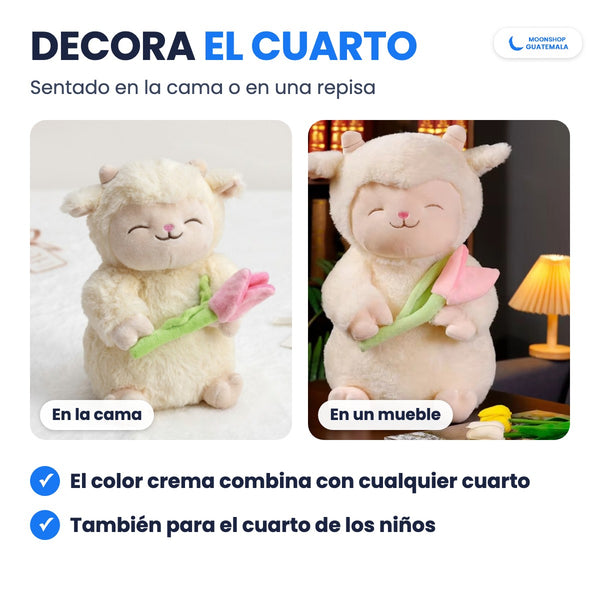 Corderito con Tulipán para decorar el cuarto, sentado en la cama o sobre un mueble