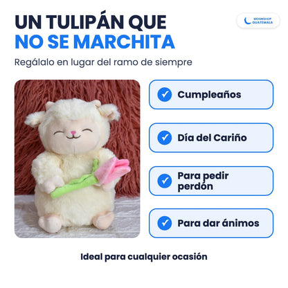 Corderito con Tulipán para regalar en cumpleaños, Día del Cariño, para pedir perdón o para dar ánimos: un tulipán que no se marchita