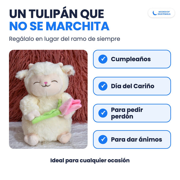 Corderito con Tulipán para regalar en cumpleaños, Día del Cariño, para pedir perdón o para dar ánimos: un tulipán que no se marchita
