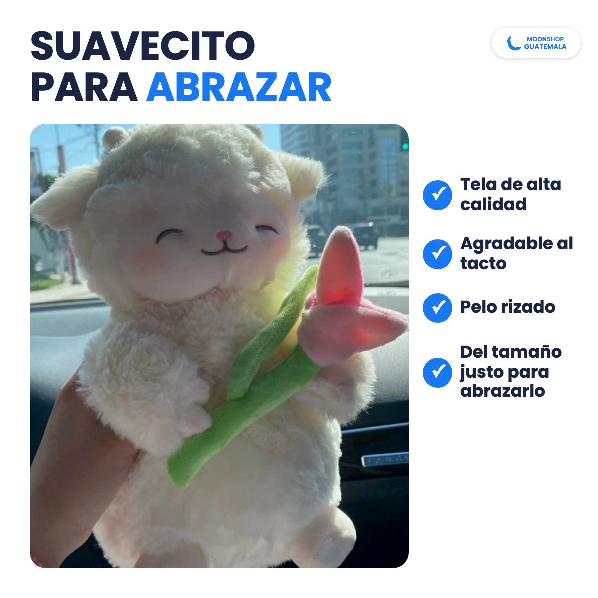 Corderito con Tulipán en la mano: suave, de tela agradable al tacto y del tamaño justo para abrazarlo