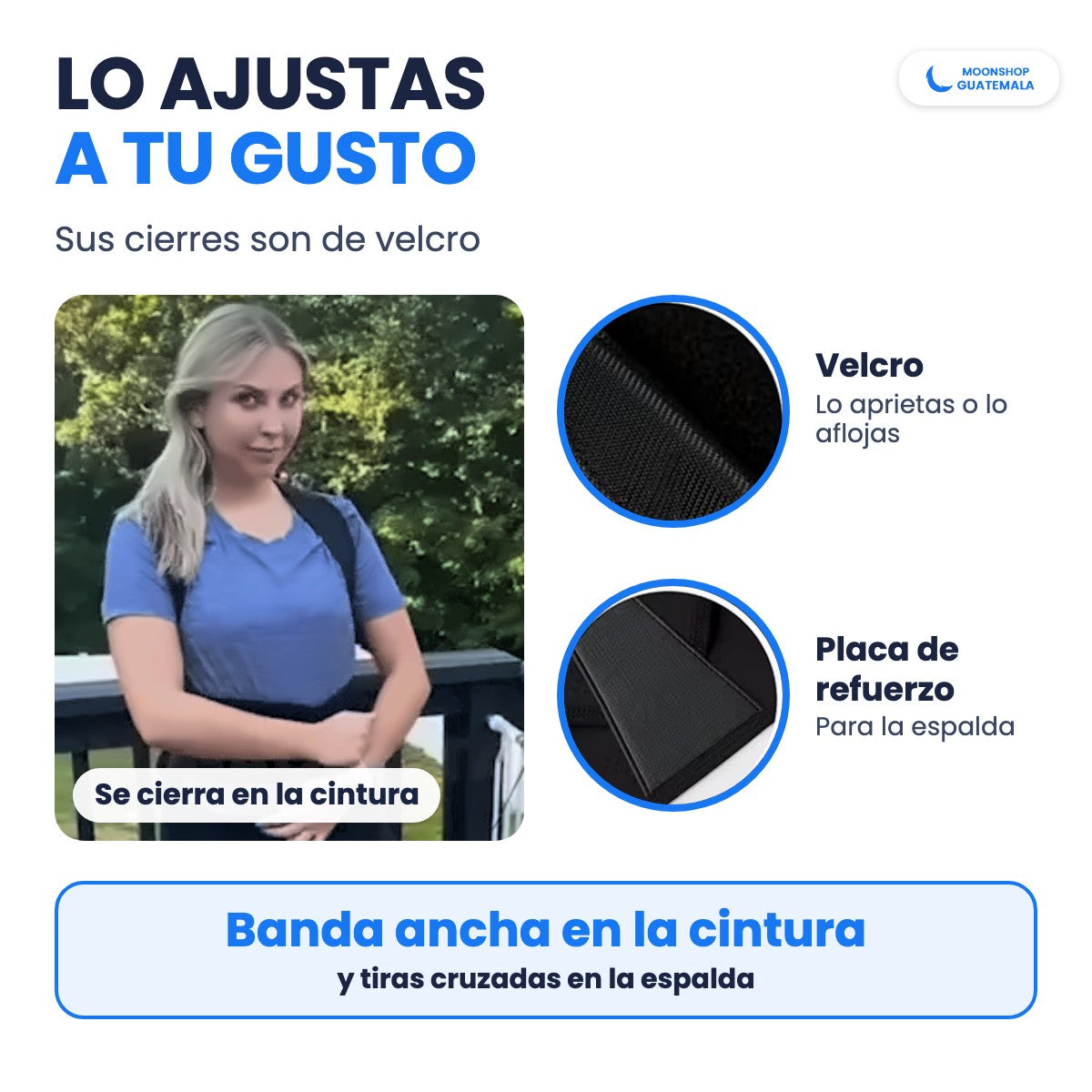 Mujer cerrando la banda del corrector de postura en la cintura, con acercamientos al velcro y a la placa de refuerzo